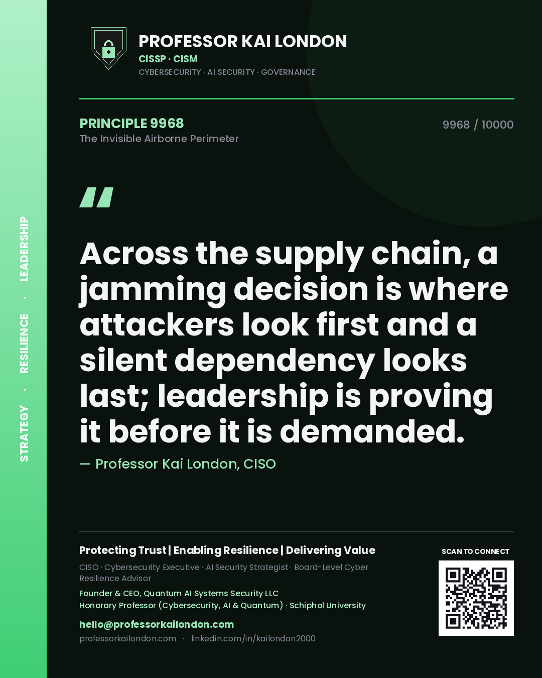 Quote card by Professor Kai London reading 'Across the supply chain, a jamming decision is where attackers look first and a silent dependency looks last; leadership is proving it before it is demanded.'. From the book The Invisible Airborne Perimeter.