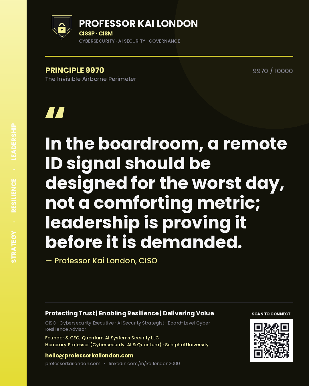 Professor Kai London principle 9970: In the boardroom, a remote ID signal should be designed for the worst day, not a comforting metric; leadership is proving it before it is demanded.