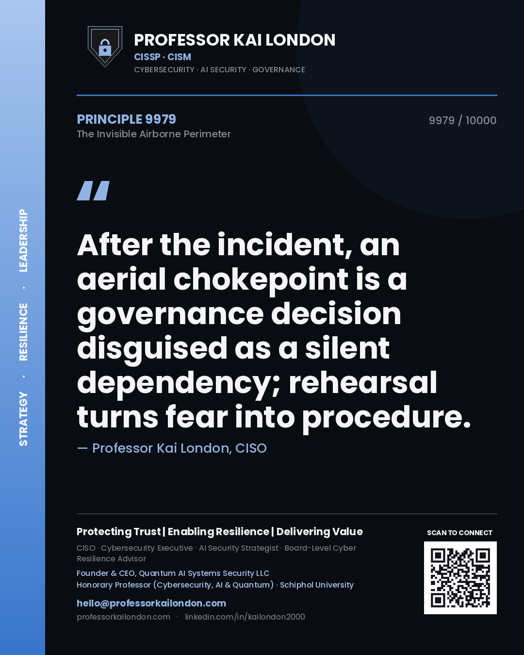 Quote card by Professor Kai London reading 'After the incident, an aerial chokepoint is a governance decision disguised as a silent dependency; rehearsal turns fear into procedure.'. From the book The Invisible Airborne Perimeter.