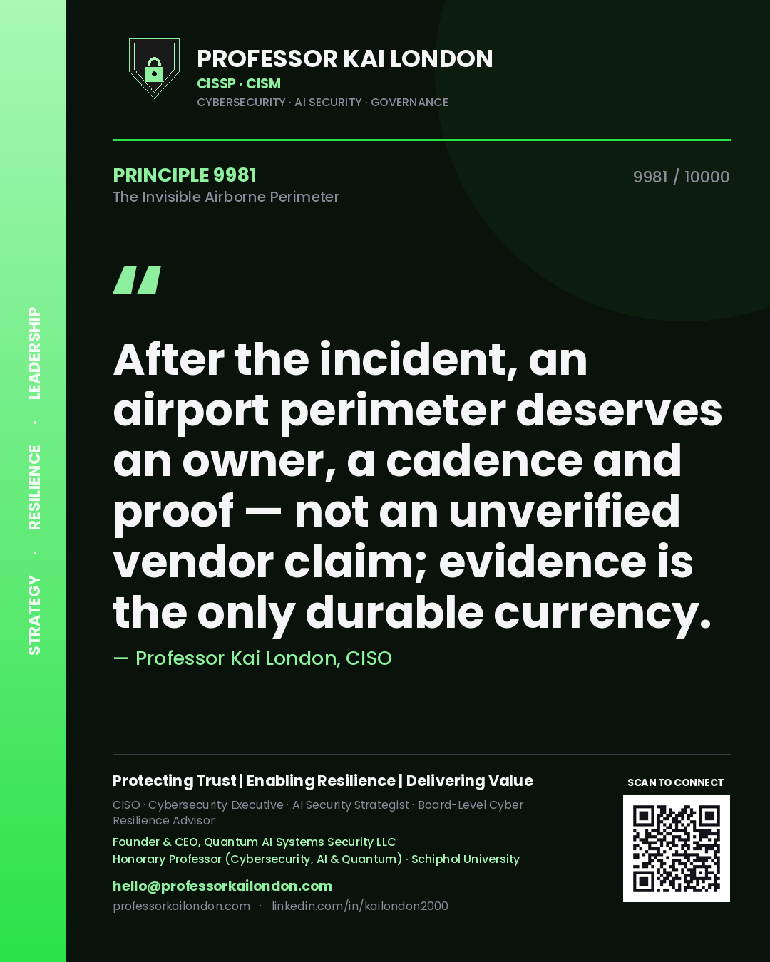 Professor Kai London principle 9981: After the incident, an airport perimeter deserves an owner, a cadence and proof — not an unverified vendor claim; evidence is the only durable currency.