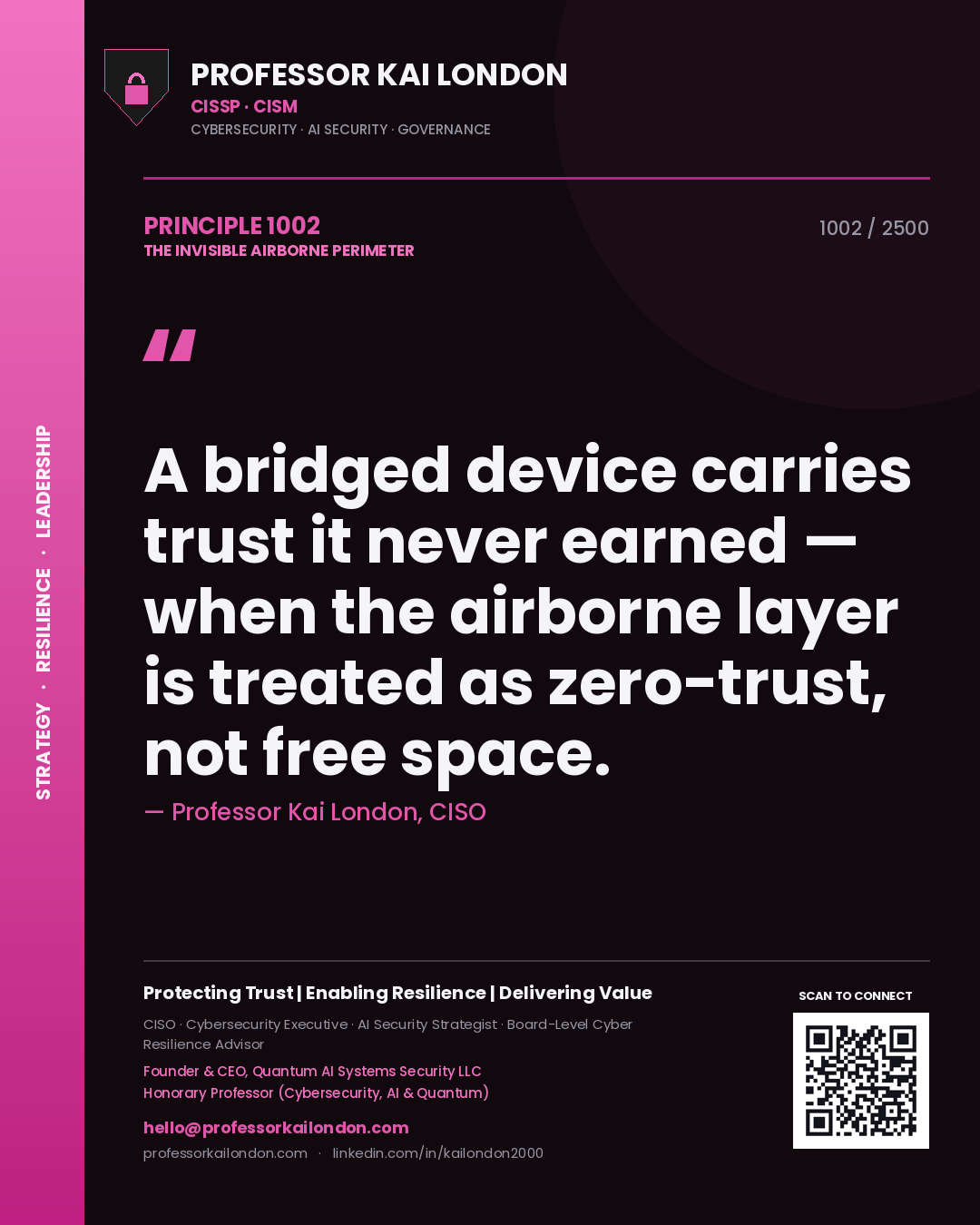 Professor Kai London principle 1002: A bridged device carries trust it never earned — when the airborne layer is treated as zero-trust, not free space.