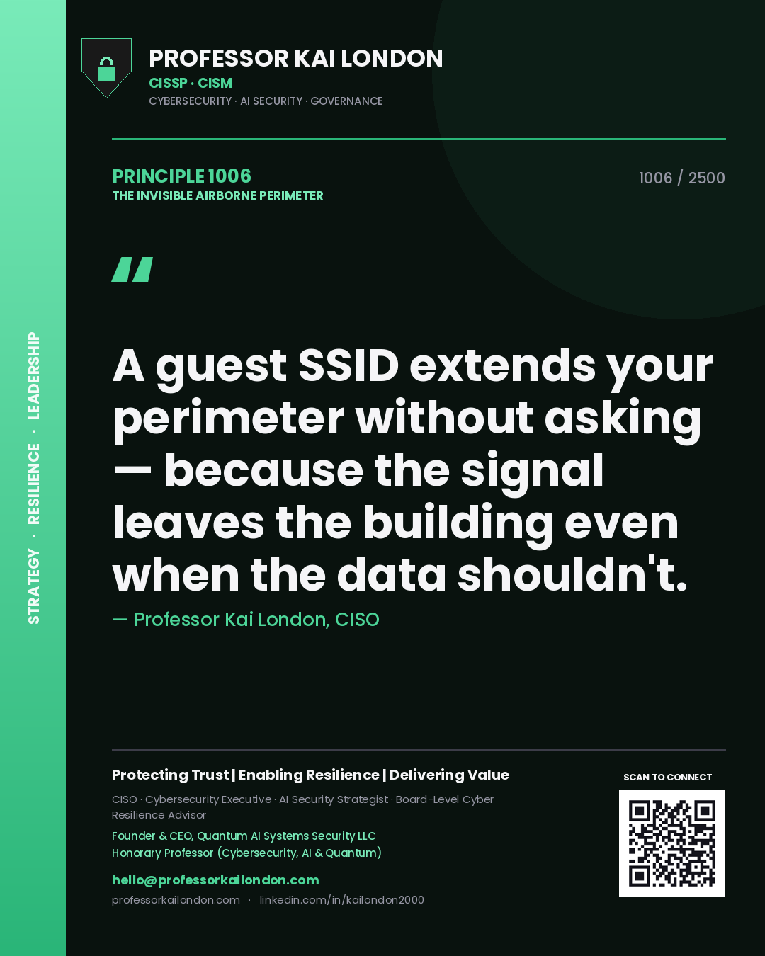 Professor Kai London principle 1006: A guest SSID extends your perimeter without asking — because the signal leaves the building even when the data shouldn't.