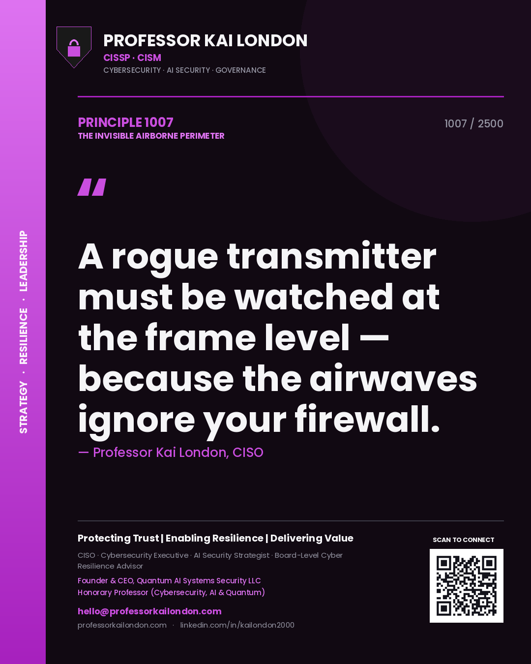 Quote card by Professor Kai London reading 'A rogue transmitter must be watched at the frame level — because the airwaves ignore your firewall.'. From the book The Invisible Airborne Perimeter.
