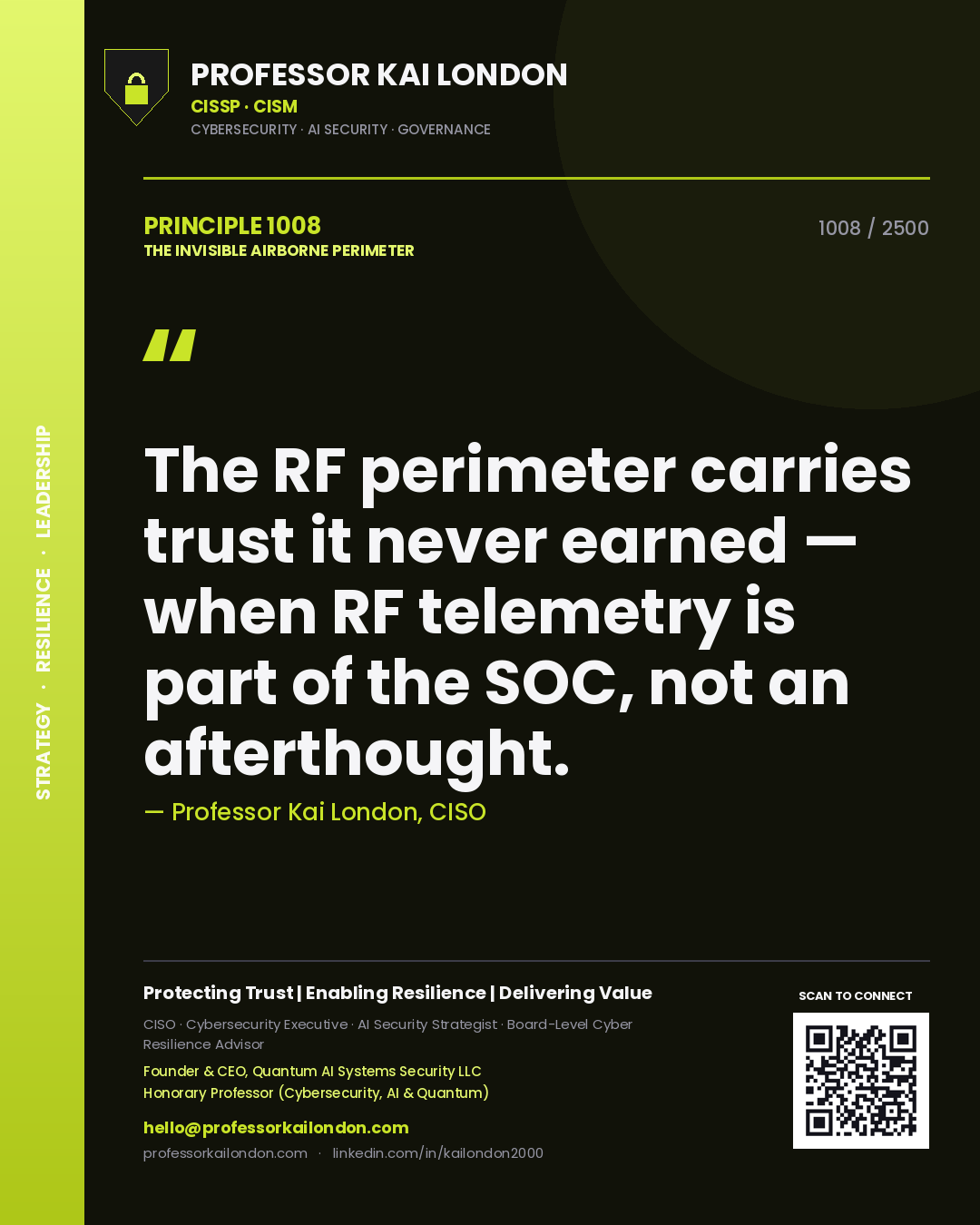 Quote card by Professor Kai London reading 'The RF perimeter carries trust it never earned — when RF telemetry is part of the SOC, not an afterthought.'. From the book The Invisible Airborne Perimeter.