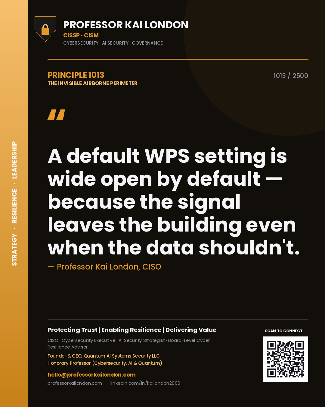 Quote card by Professor Kai London reading 'A default WPS setting is wide open by default — because the signal leaves the building even when the data shouldn't.'. From the book The Invisible Airborne Perimeter.