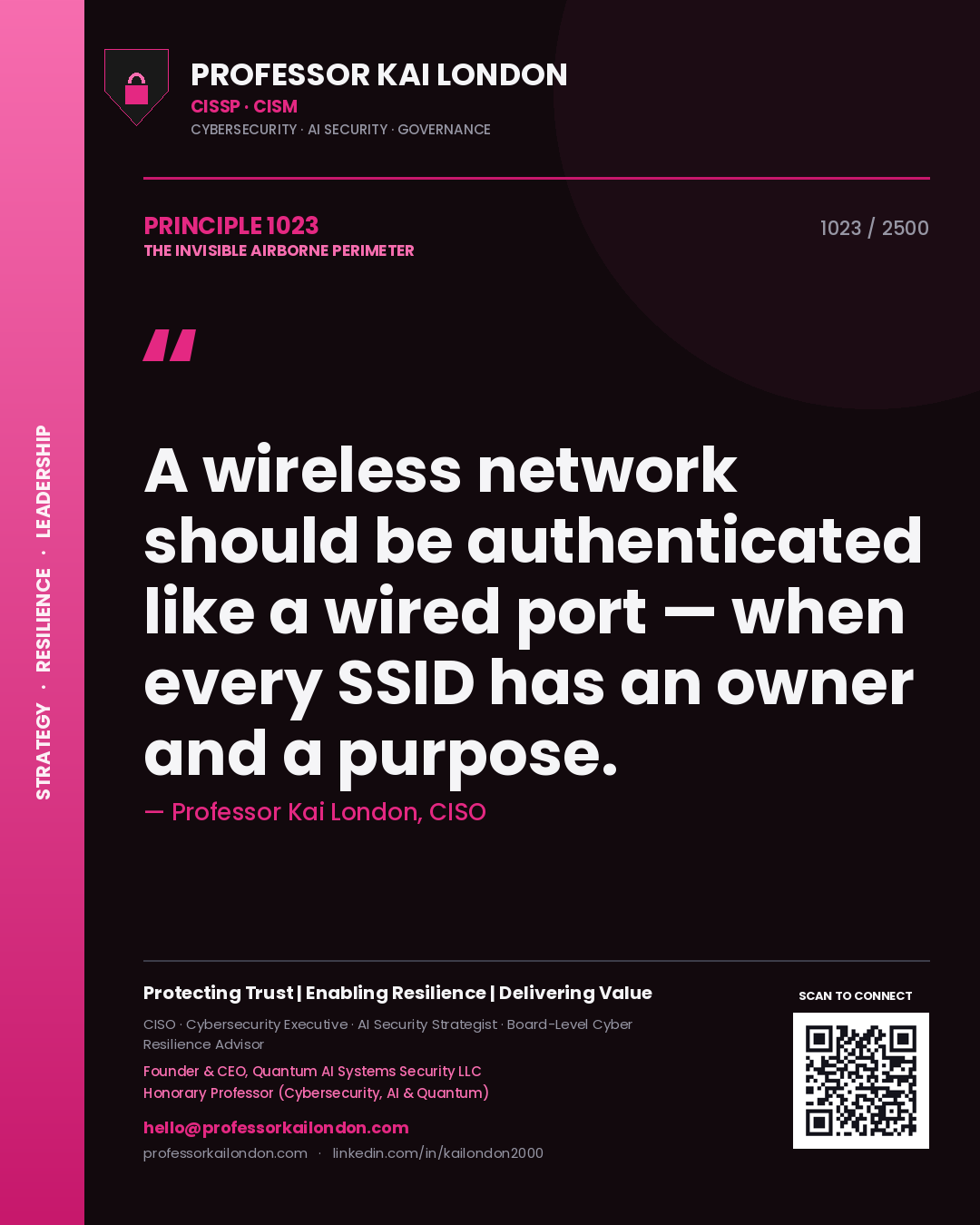 Professor Kai London principle 1023: A wireless network should be authenticated like a wired port — when every SSID has an owner and a purpose.