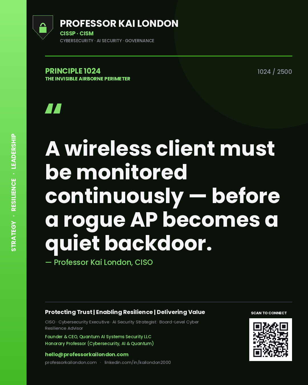 Professor Kai London principle 1024: A wireless client must be monitored continuously — before a rogue AP becomes a quiet backdoor.
