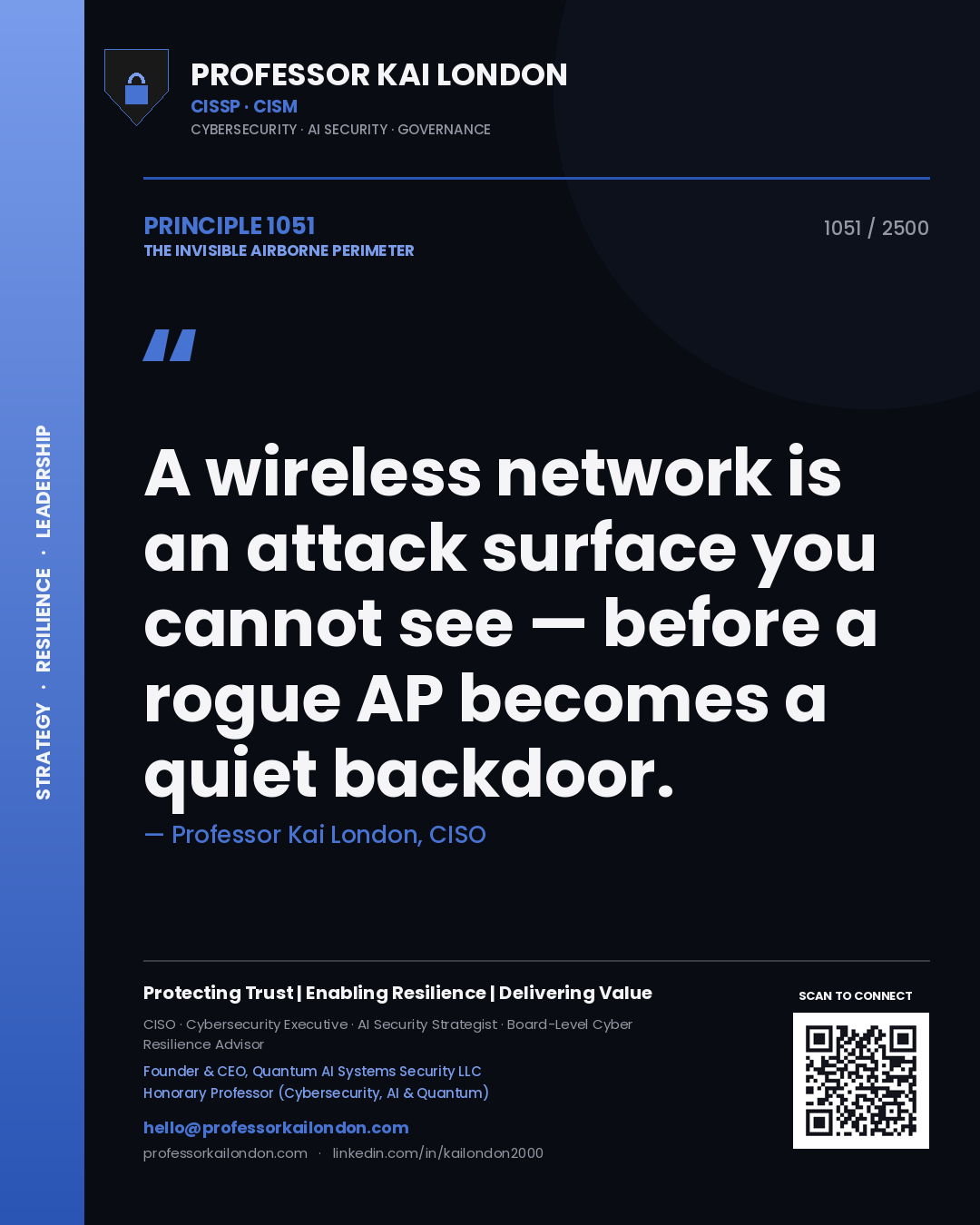 Professor Kai London principle 1051: A wireless network is an attack surface you cannot see — before a rogue AP becomes a quiet backdoor.