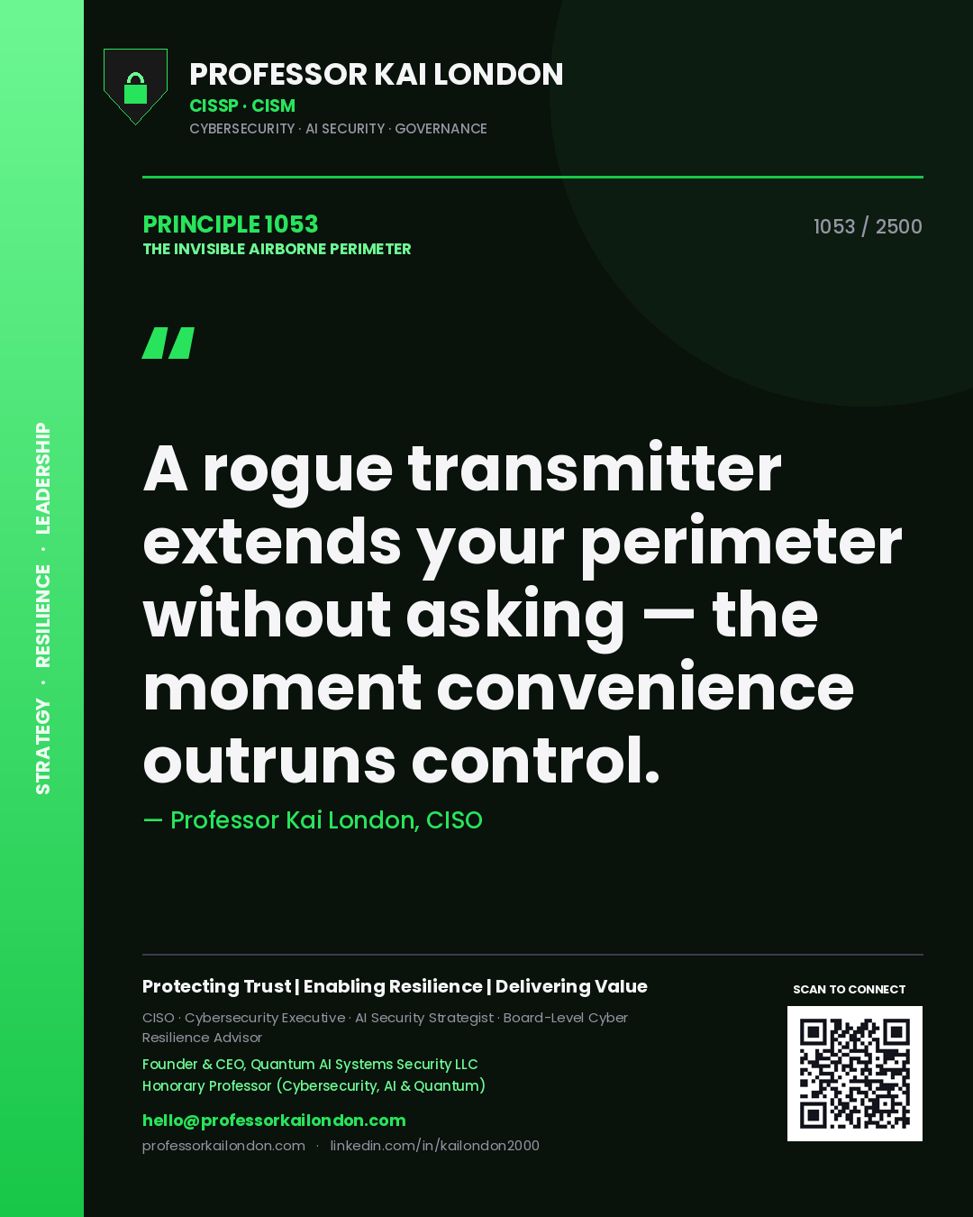 Professor Kai London principle 1053: A rogue transmitter extends your perimeter without asking — the moment convenience outruns control.