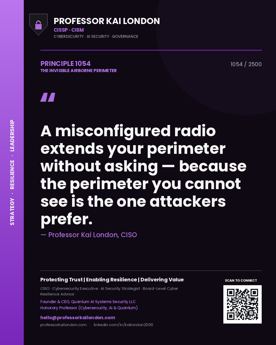 Quote card by Professor Kai London reading 'A misconfigured radio extends your perimeter without asking — because the perimeter you cannot see is the one attackers prefer.'. From the book The Invisible Airborne Perimeter.