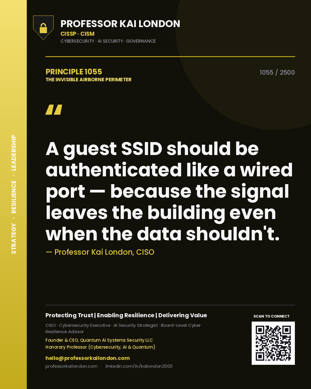 Quote card by Professor Kai London reading 'A guest SSID should be authenticated like a wired port — because the signal leaves the building even when the data shouldn't.'. From the book The Invisible Airborne Perimeter.