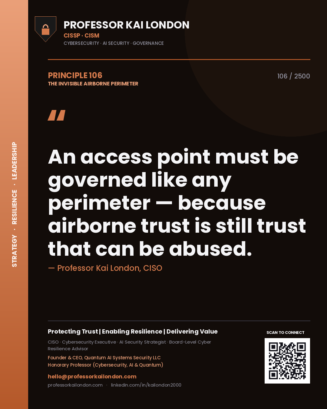 Quote card by Professor Kai London reading 'An access point must be governed like any perimeter — because airborne trust is still trust that can be abused.'. From the book The Invisible Airborne Perimeter.