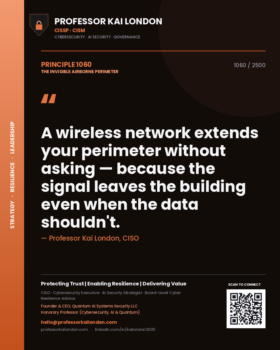 Quote card by Professor Kai London reading 'A wireless network extends your perimeter without asking — because the signal leaves the building even when the data shouldn't.'. From the book The Invisible Airborne Perimeter.