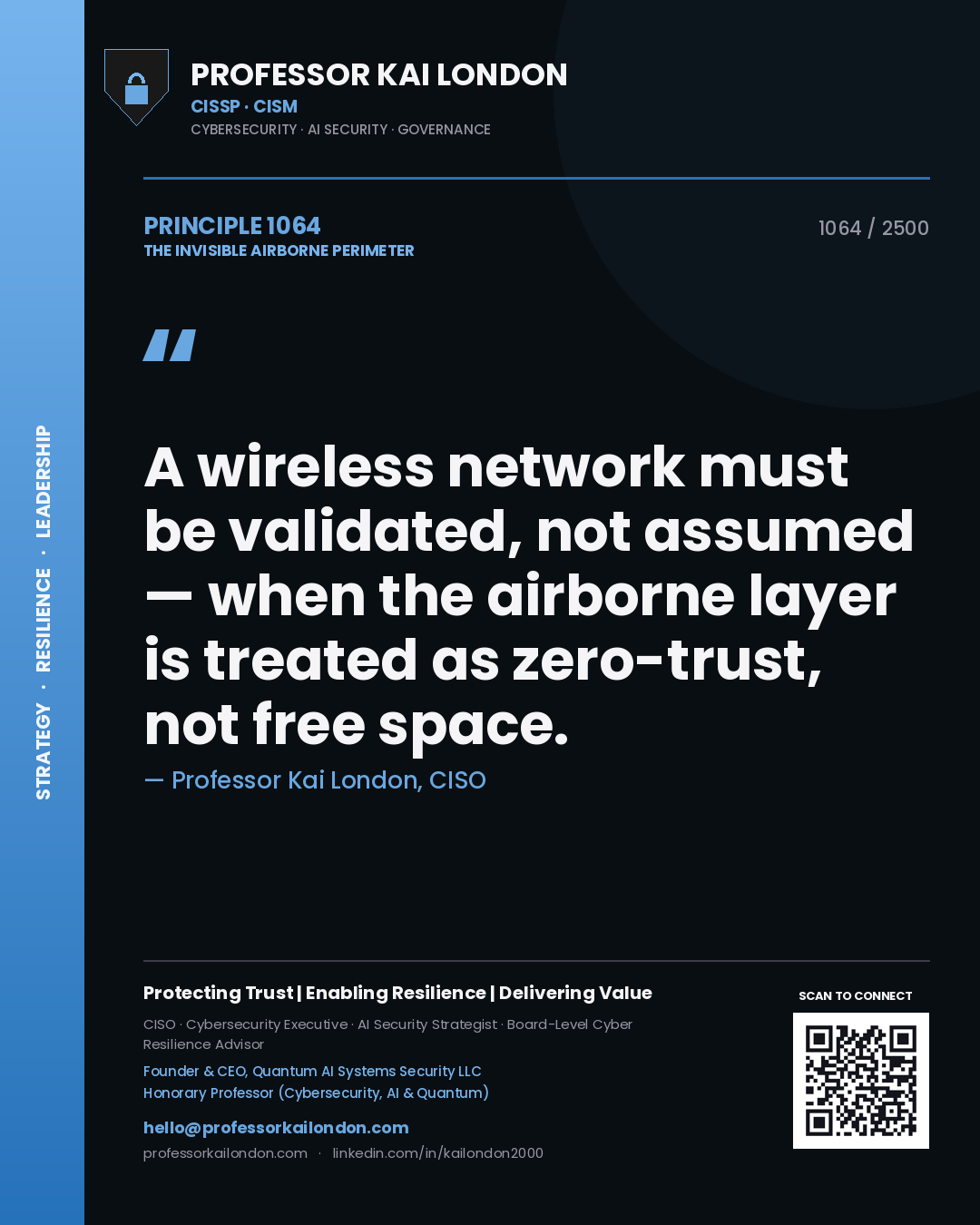 Quote card by Professor Kai London reading 'A wireless network must be validated, not assumed — when the airborne layer is treated as zero-trust, not free space.'. From the book The Invisible Airborne Perimeter.