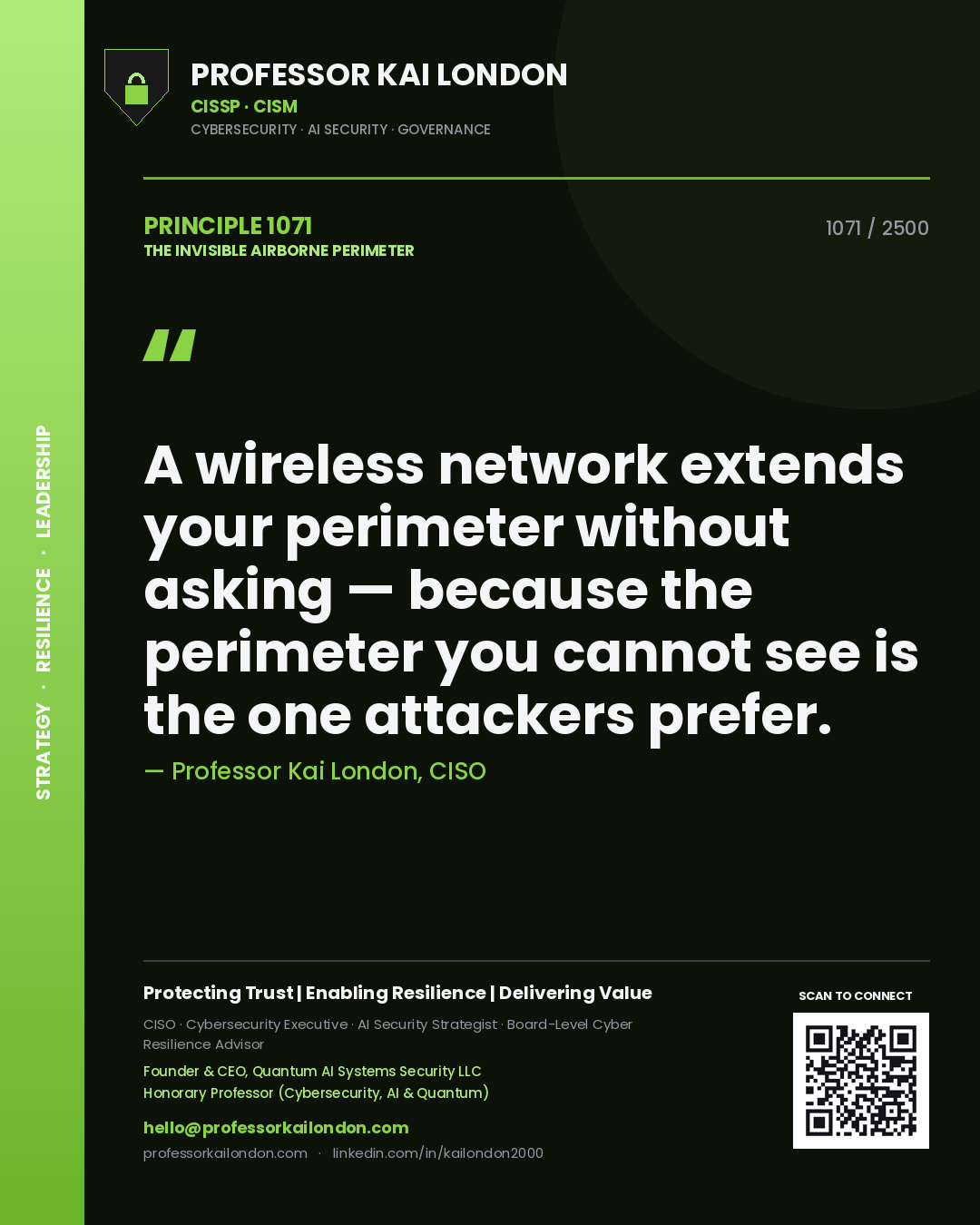 Professor Kai London principle 1071: A wireless network extends your perimeter without asking — because the perimeter you cannot see is the one attackers prefer.