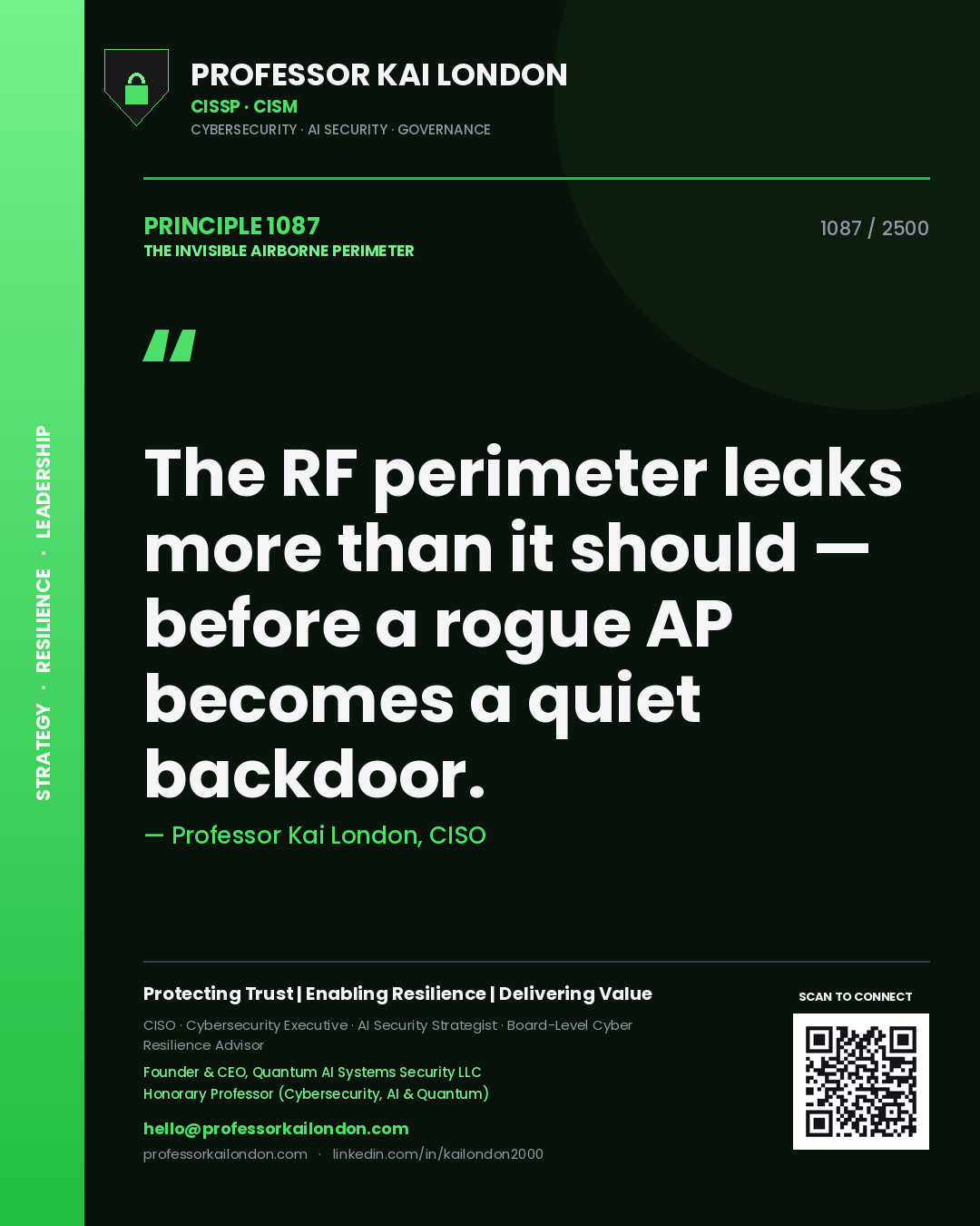Professor Kai London principle 1087: The RF perimeter leaks more than it should — before a rogue AP becomes a quiet backdoor.
