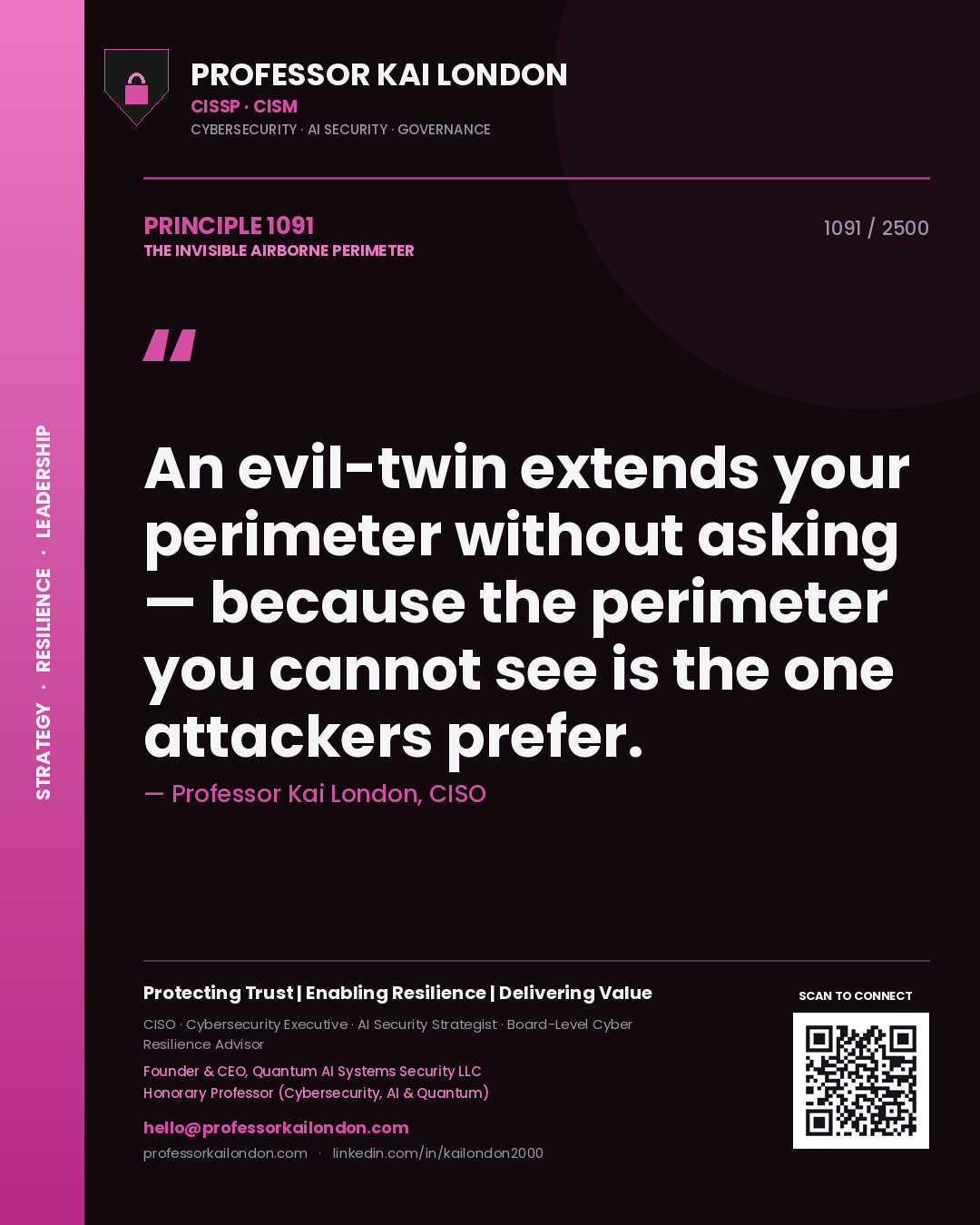 Professor Kai London principle 1091: An evil-twin extends your perimeter without asking — because the perimeter you cannot see is the one attackers prefer.