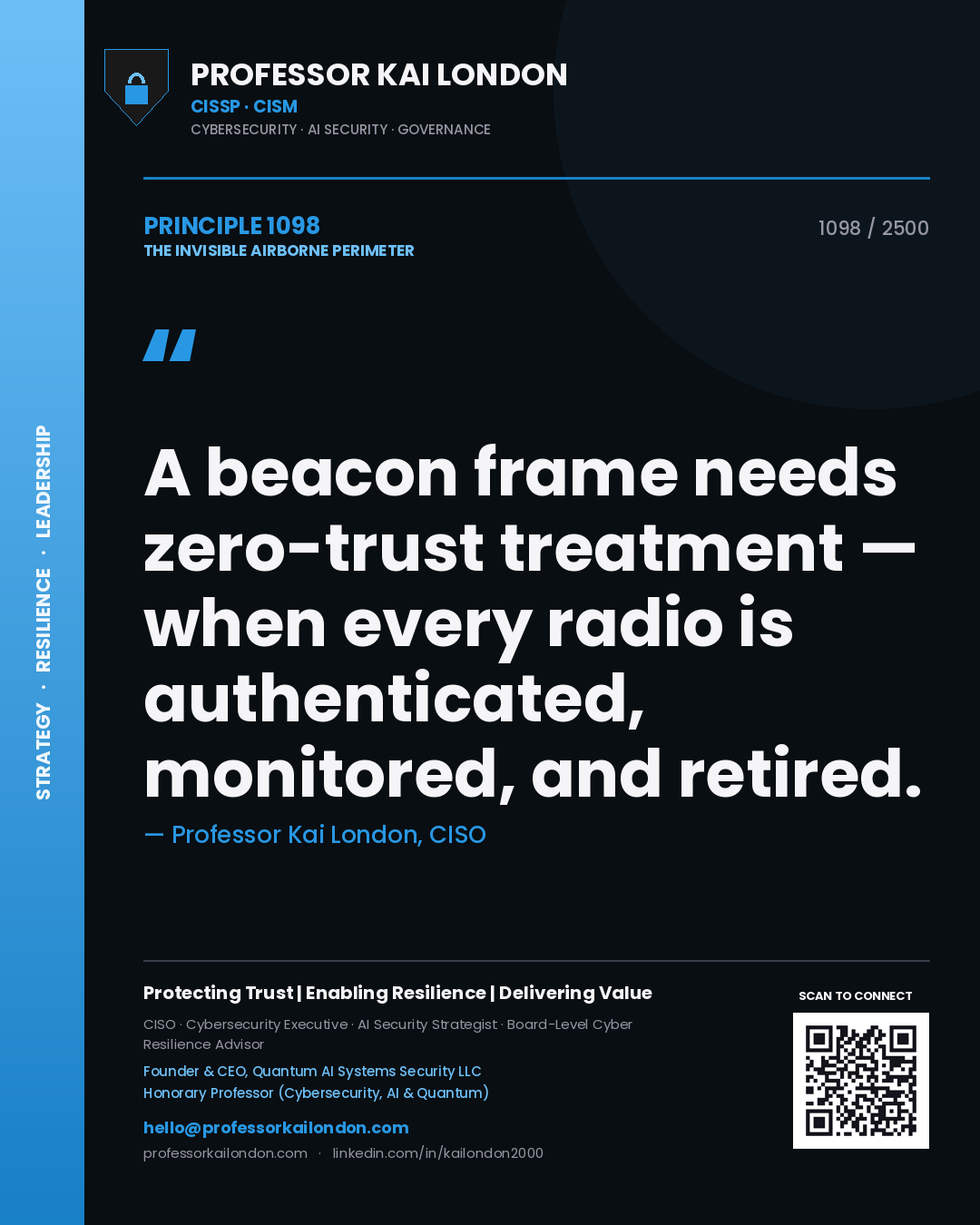 Quote card by Professor Kai London reading 'A beacon frame needs zero-trust treatment — when every radio is authenticated, monitored, and retired.'. From the book The Invisible Airborne Perimeter.