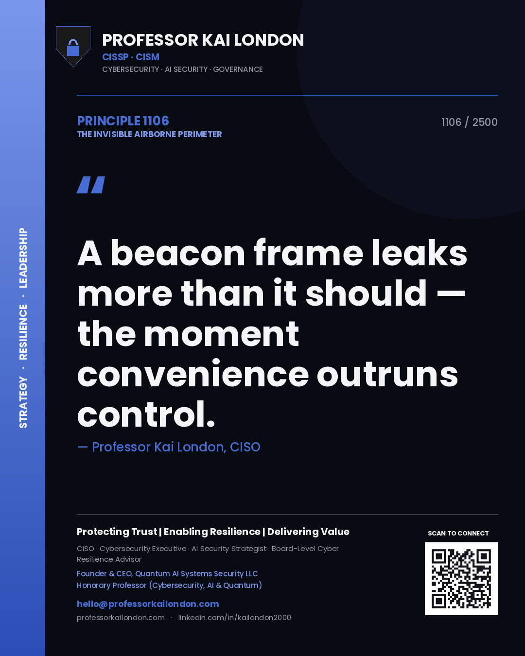 Professor Kai London principle 1106: A beacon frame leaks more than it should — the moment convenience outruns control.