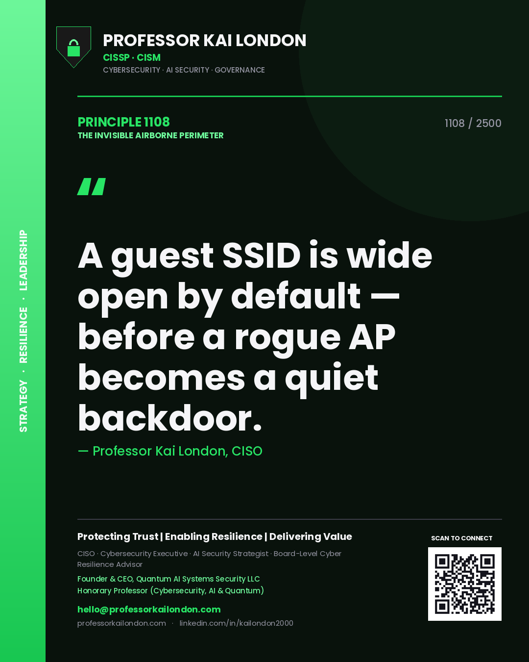 Professor Kai London principle 1108: A guest SSID is wide open by default — before a rogue AP becomes a quiet backdoor.