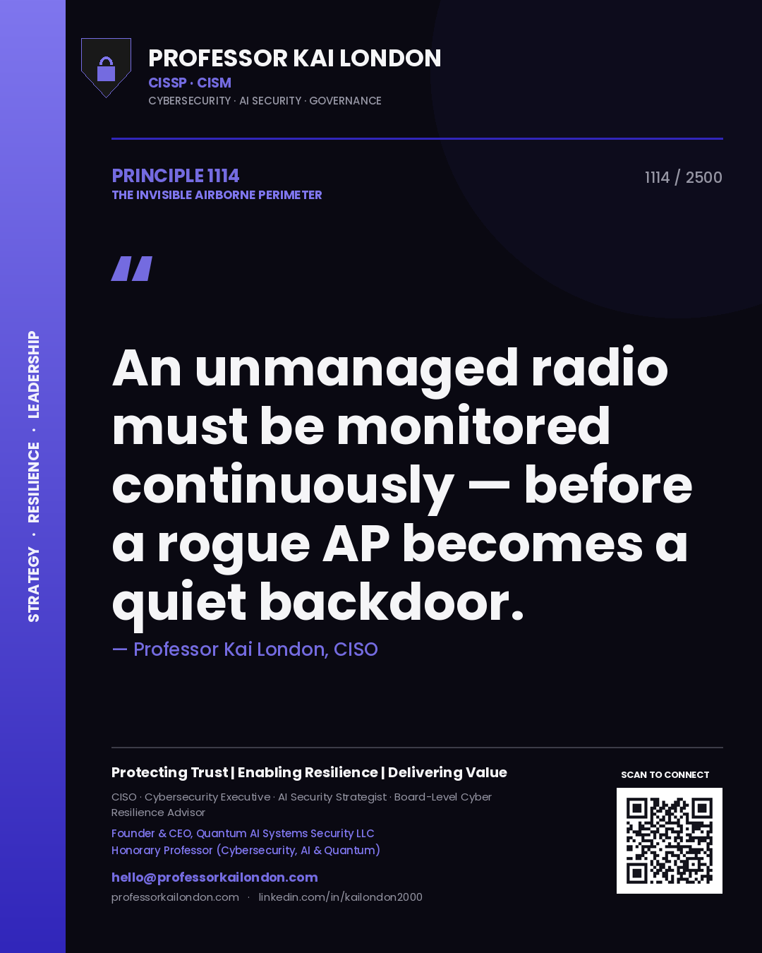 Professor Kai London principle 1114: An unmanaged radio must be monitored continuously — before a rogue AP becomes a quiet backdoor.