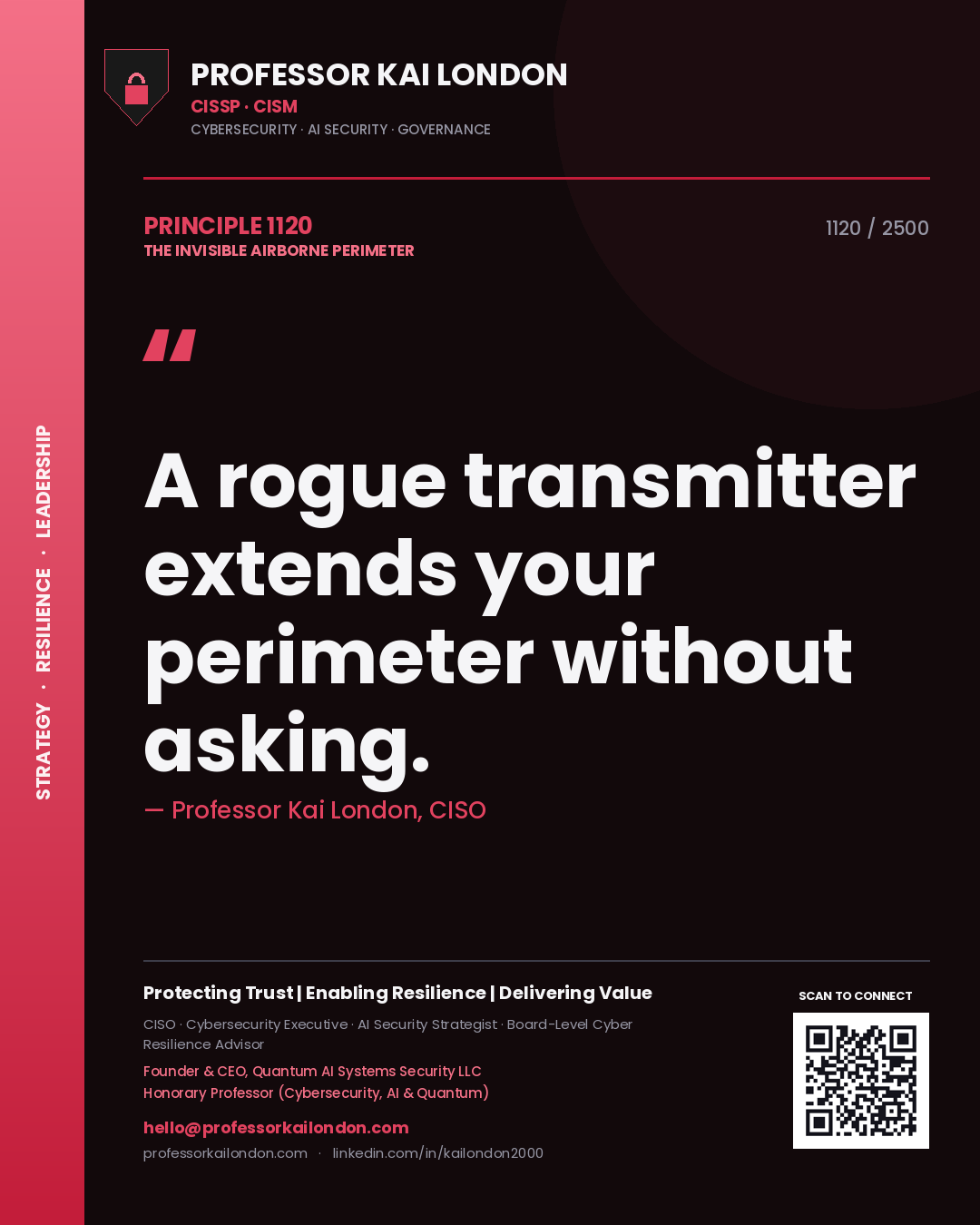 Quote card by Professor Kai London reading 'A rogue transmitter extends your perimeter without asking.'. From the book The Invisible Airborne Perimeter.