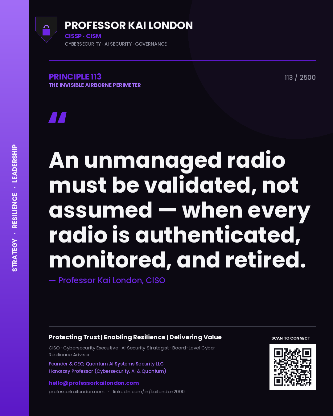 Quote card by Professor Kai London reading 'An unmanaged radio must be validated, not assumed — when every radio is authenticated, monitored, and retired.'. From the book The Invisible Airborne Perimeter.