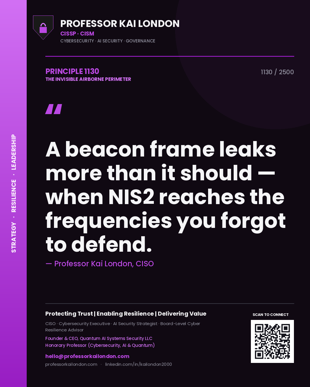 Quote card by Professor Kai London reading 'A beacon frame leaks more than it should — when NIS2 reaches the frequencies you forgot to defend.'. From the book The Invisible Airborne Perimeter.