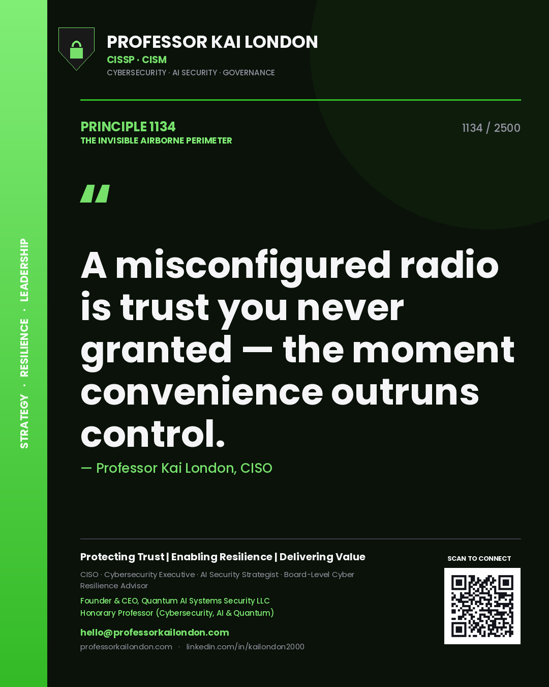 Quote card by Professor Kai London reading 'A misconfigured radio is trust you never granted — the moment convenience outruns control.'. From the book The Invisible Airborne Perimeter.