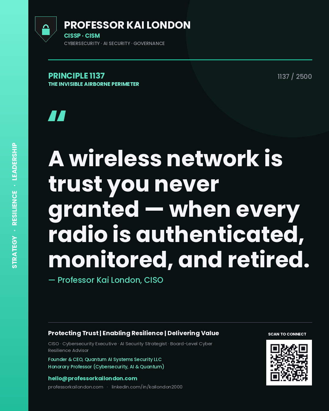 Quote card by Professor Kai London reading 'A wireless network is trust you never granted — when every radio is authenticated, monitored, and retired.'. From the book The Invisible Airborne Perimeter.