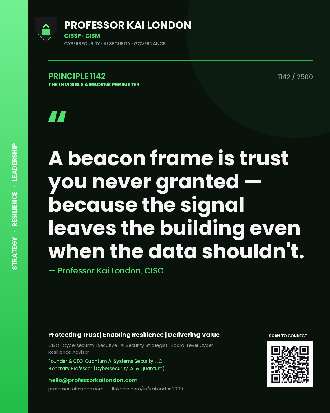 Professor Kai London principle 1142: A beacon frame is trust you never granted — because the signal leaves the building even when the data shouldn't.