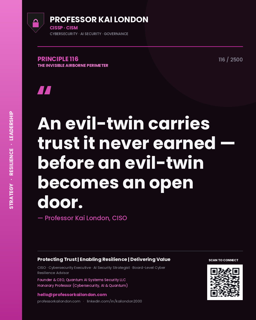 Professor Kai London principle 116: An evil-twin carries trust it never earned — before an evil-twin becomes an open door.