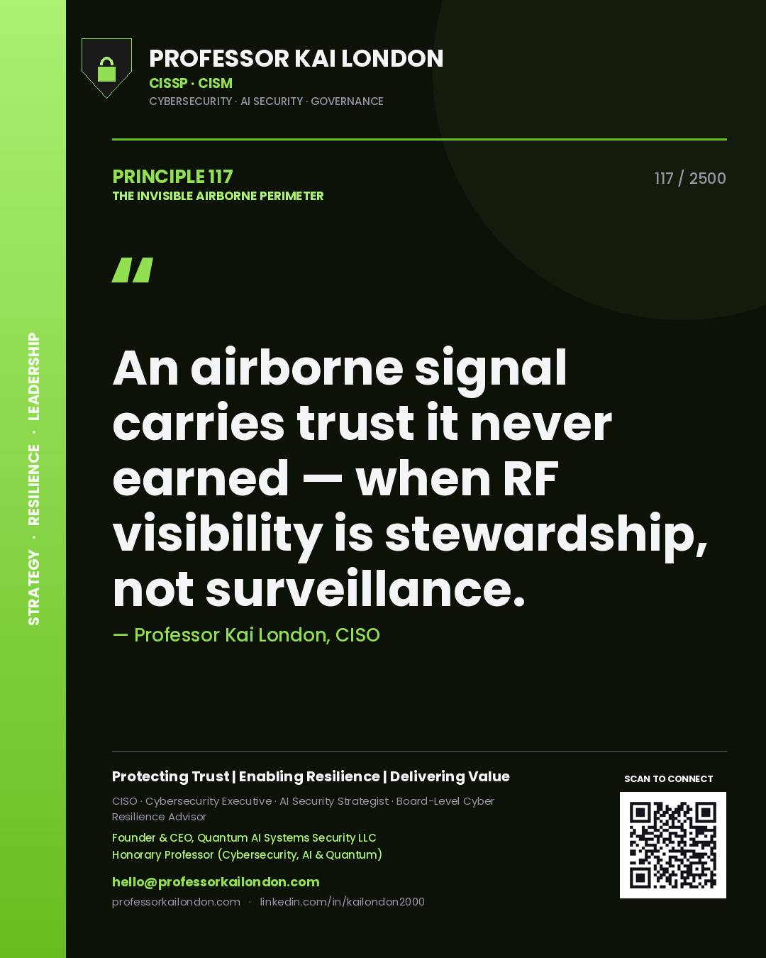 Professor Kai London principle 117: An airborne signal carries trust it never earned — when RF visibility is stewardship, not surveillance.