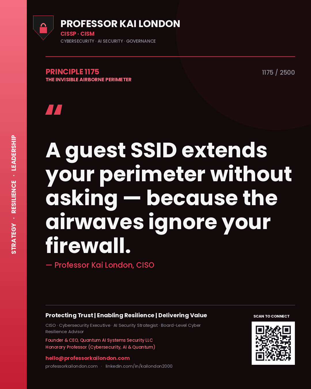Quote card by Professor Kai London reading 'A guest SSID extends your perimeter without asking — because the airwaves ignore your firewall.'. From the book The Invisible Airborne Perimeter.