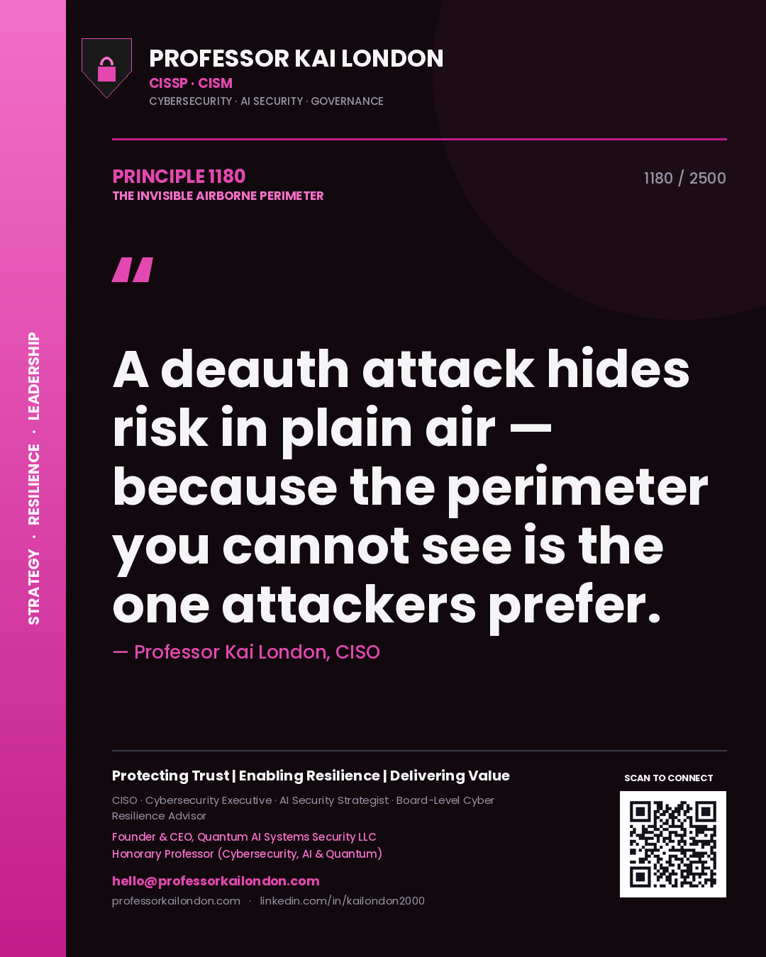 Quote card by Professor Kai London reading 'A deauth attack hides risk in plain air — because the perimeter you cannot see is the one attackers prefer.'. From the book The Invisible Airborne Perimeter.