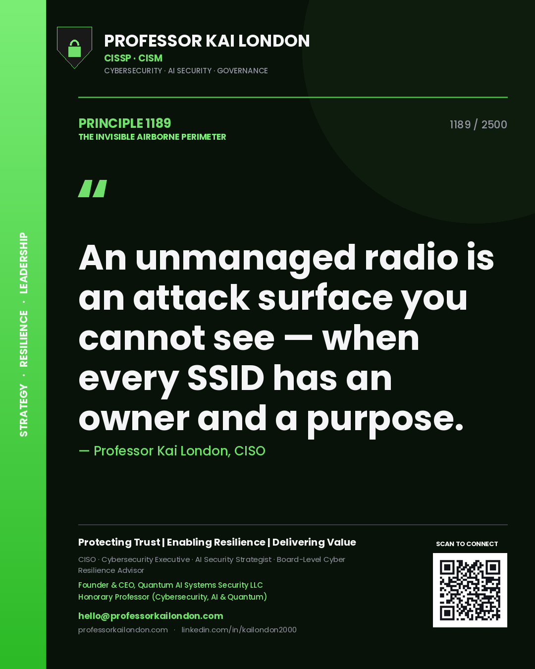 Professor Kai London principle 1189: An unmanaged radio is an attack surface you cannot see — when every SSID has an owner and a purpose.