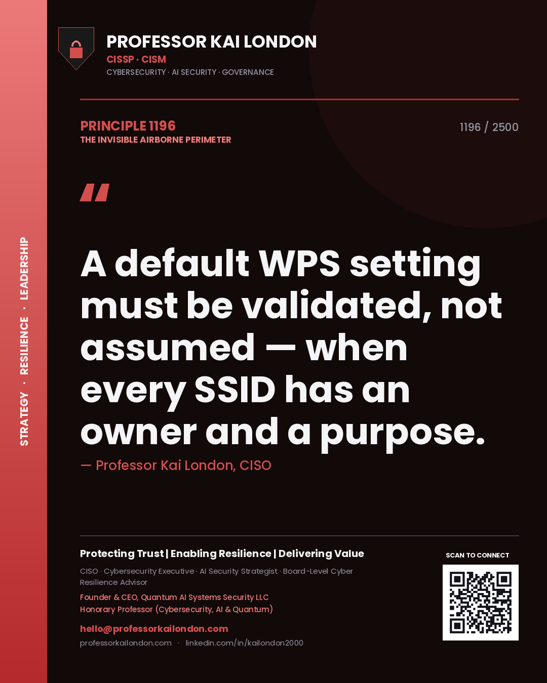 Quote card by Professor Kai London reading 'A default WPS setting must be validated, not assumed — when every SSID has an owner and a purpose.'. From the book The Invisible Airborne Perimeter.