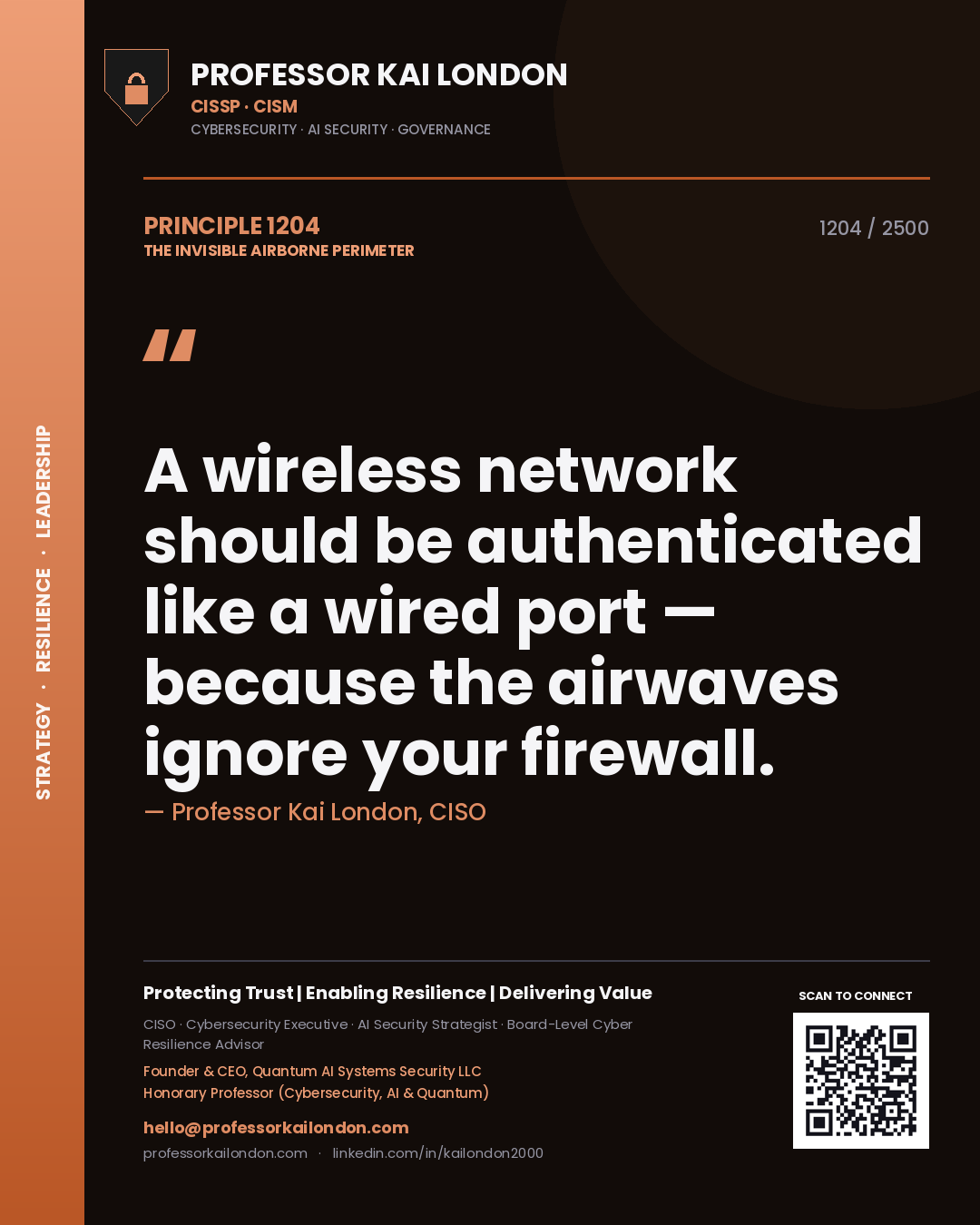 Quote card by Professor Kai London reading 'A wireless network should be authenticated like a wired port — because the airwaves ignore your firewall.'. From the book The Invisible Airborne Perimeter.