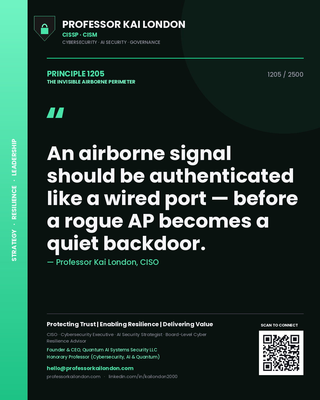 Quote card by Professor Kai London reading 'An airborne signal should be authenticated like a wired port — before a rogue AP becomes a quiet backdoor.'. From the book The Invisible Airborne Perimeter.