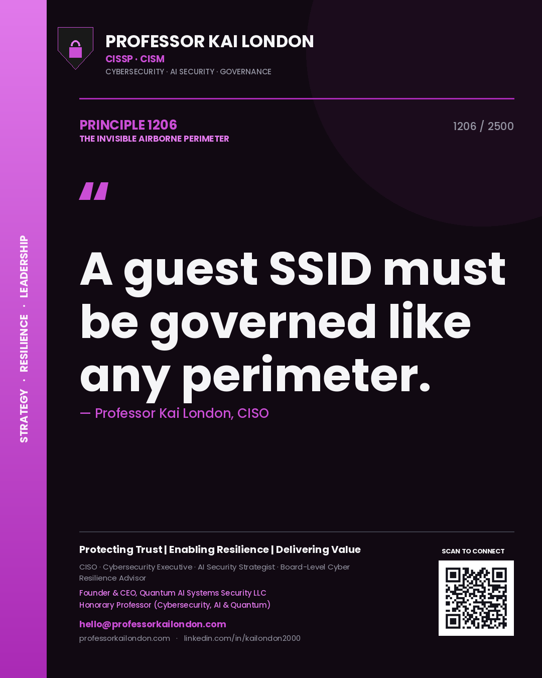 Quote card by Professor Kai London reading 'A guest SSID must be governed like any perimeter.'. From the book The Invisible Airborne Perimeter.