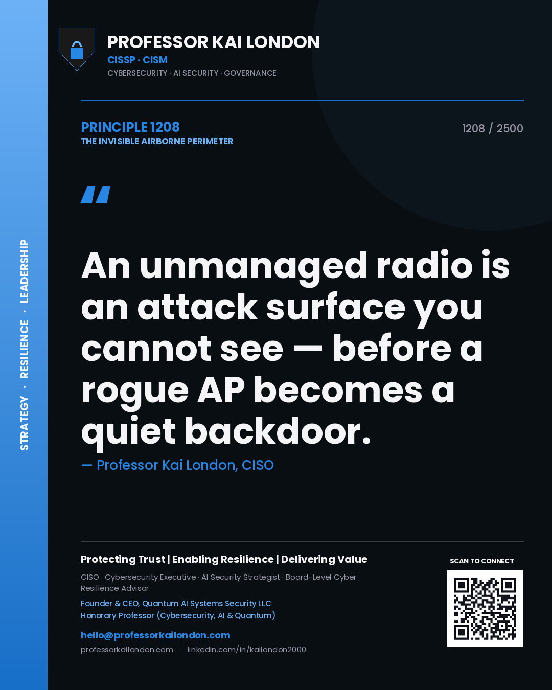 Professor Kai London principle 1208: An unmanaged radio is an attack surface you cannot see — before a rogue AP becomes a quiet backdoor.
