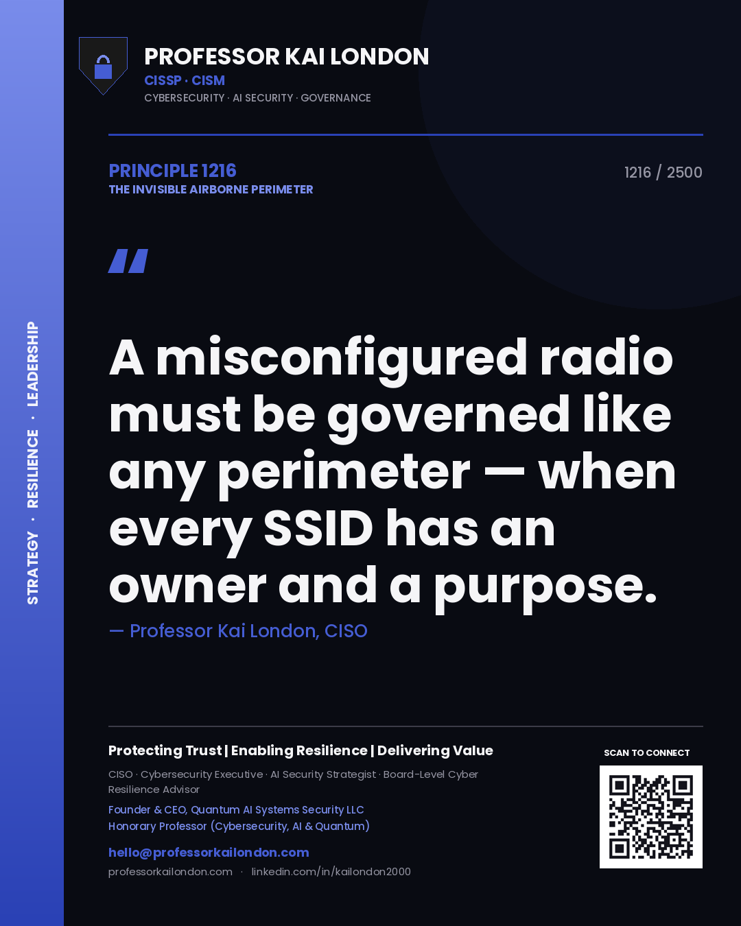 Quote card by Professor Kai London reading 'A misconfigured radio must be governed like any perimeter — when every SSID has an owner and a purpose.'. From the book The Invisible Airborne Perimeter.