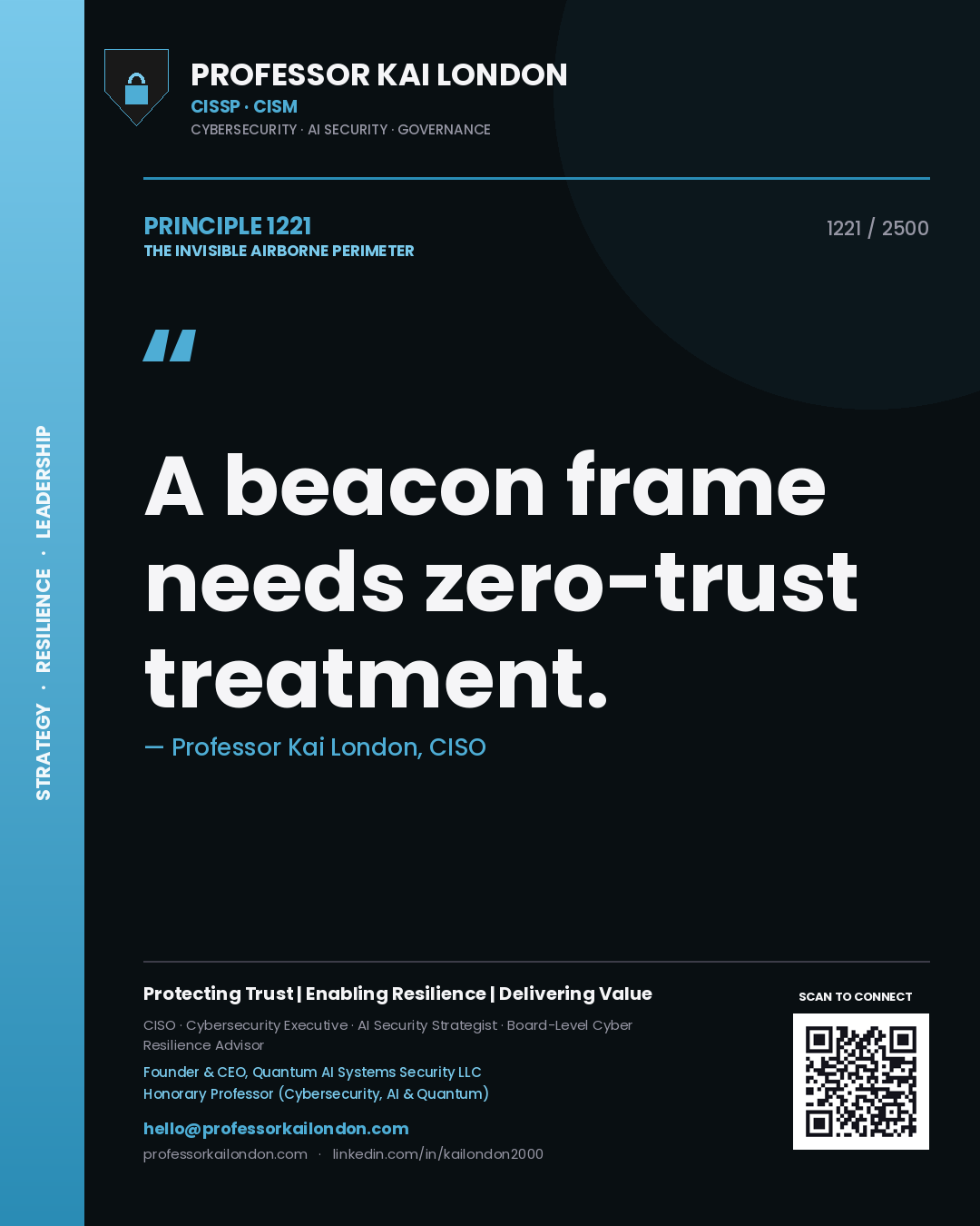 Quote card by Professor Kai London reading 'A beacon frame needs zero-trust treatment.'. From the book The Invisible Airborne Perimeter.