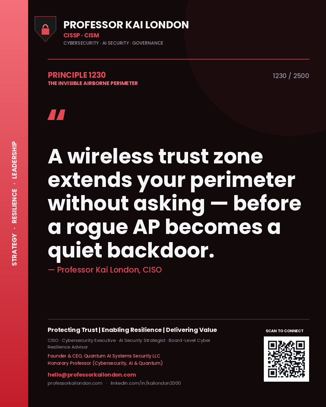 Quote card by Professor Kai London reading 'A wireless trust zone extends your perimeter without asking — before a rogue AP becomes a quiet backdoor.'. From the book The Invisible Airborne Perimeter.