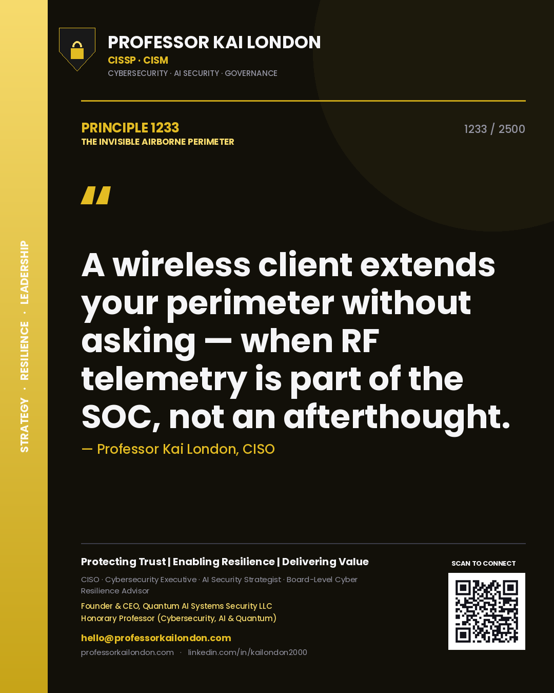 Quote card by Professor Kai London reading 'A wireless client extends your perimeter without asking — when RF telemetry is part of the SOC, not an afterthought.'. From the book The Invisible Airborne Perimeter.