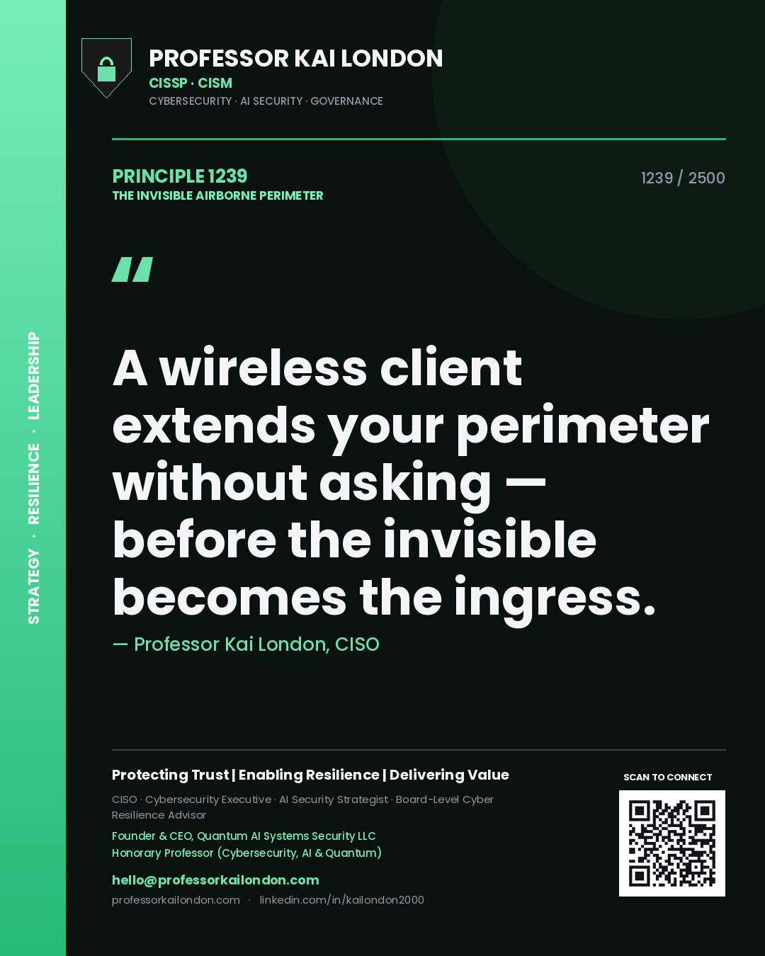 Quote card by Professor Kai London reading 'A wireless client extends your perimeter without asking — before the invisible becomes the ingress.'. From the book The Invisible Airborne Perimeter.