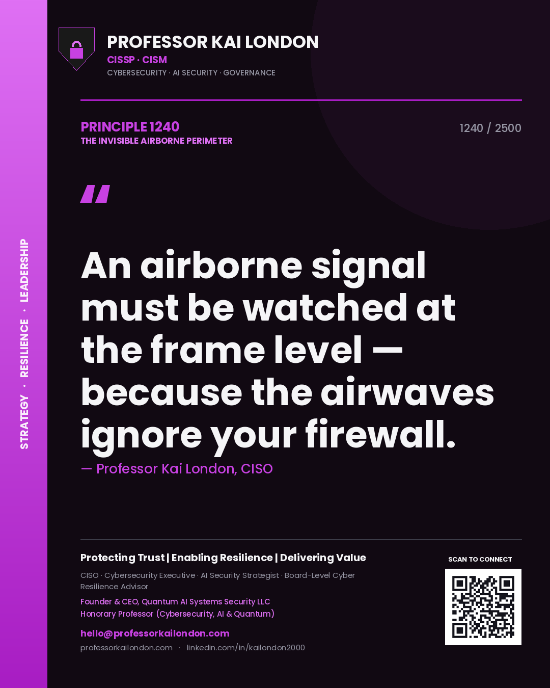 Quote card by Professor Kai London reading 'An airborne signal must be watched at the frame level — because the airwaves ignore your firewall.'. From the book The Invisible Airborne Perimeter.