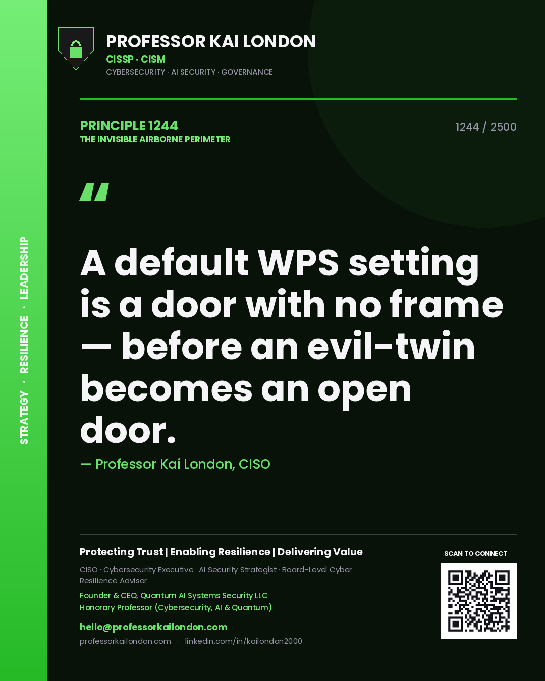 Quote card by Professor Kai London reading 'A default WPS setting is a door with no frame — before an evil-twin becomes an open door.'. From the book The Invisible Airborne Perimeter.