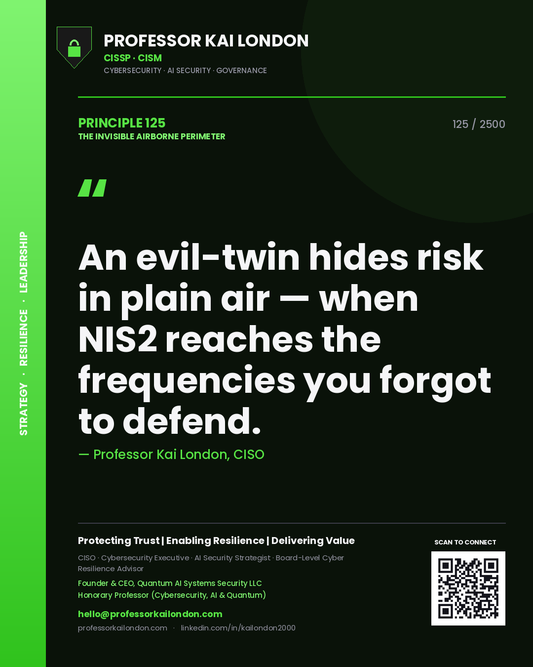 Professor Kai London principle 125: An evil-twin hides risk in plain air — when NIS2 reaches the frequencies you forgot to defend.