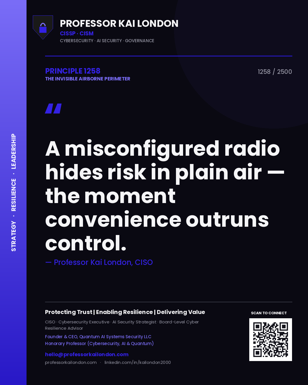 Quote card by Professor Kai London reading 'A misconfigured radio hides risk in plain air — the moment convenience outruns control.'. From the book The Invisible Airborne Perimeter.